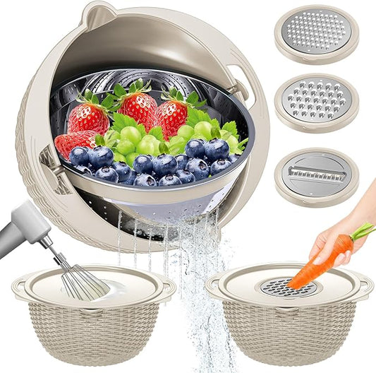 4-1 Colander with Bowl Set - Rotatable Colander for Kitchen (Patented), Upgraded Graters Food Strainers for Pasta Fruits and Vegetables, Funny Presents for Women, Aesthetic Kitchen Gadget - Beige by UTTKOJ