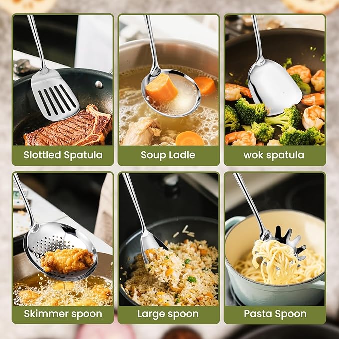VALESKA 6PCS Stainless Steel Cooking Utensils Set,18/10 Metal Kitchen Utensils Set, Include Wok Spatula Stainless Steel,Metal Pasta Spoon and etc,Easy to Clean - Image 4