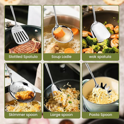 VALESKA 6PCS Stainless Steel Cooking Utensils Set,18/10 Metal Kitchen Utensils Set, Include Wok Spatula Stainless Steel,Metal Pasta Spoon and etc,Easy to Clean - Image 4