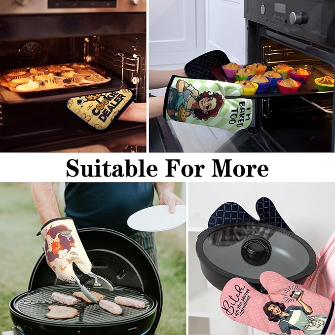 2 Pack Funny Baking Oven Mitts for Women, Baking Queen, Heat Resistant Silicone Non-Slip Mitts, Kitchen Decor Gifts for Bake Lover, Sweet Housewarming Gifts for Hostess Mom Wife Chef Baker