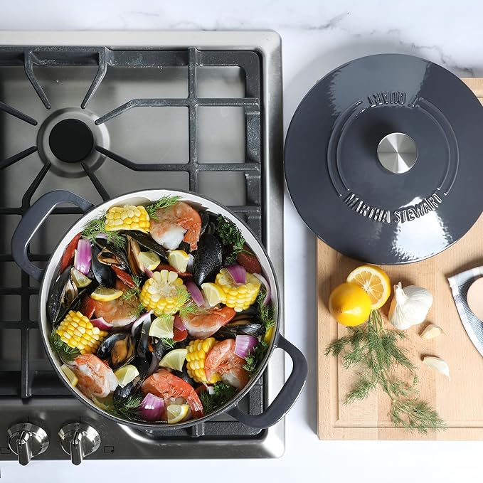Martha Stewart Gatwick 7 QT Enamel Cast Iron Dutch Oven – Gray, Durable Heavy-Duty Dutch Oven for Slow Cooking, Braising, and Baking - Image 2