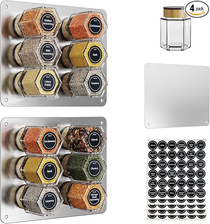Vetacsion Set of 12 Magnetic Spice Tins with 2 Black Metal Wall-Plates,100 Preprinted Seasoning Label Stickers,2 Styles for 3 oz Herb Jars (12 PCS) by HOMESTORAGE