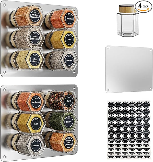 Vetacsion Set of 12 Magnetic Spice Tins with 2 Black Metal Wall-Plates,100 Preprinted Seasoning Label Stickers,2 Styles for 3 oz Herb Jars (12 PCS) by HOMESTORAGE