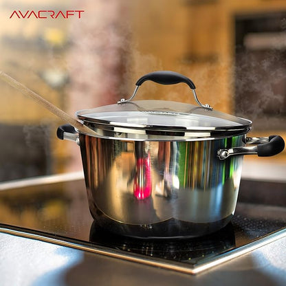 AVACRAFT 18/10 Tri-Ply Stainless Steel 5 Quart Dutch Oven Pot with Shatterproof Glass Lid, Compatible with All Cooktops, Gas, Electric & Induction, Multipurpose, Stockpot, Casserole, Dishwasher Safe