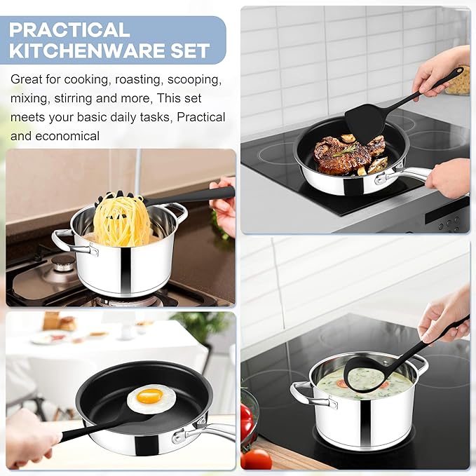 TeamFar 8 PCS Silicone Cooking Utensils - 446°F Heat Resistant Kitchen Silicon Utensils Set, Turner, Spatula, Spoon, Whisk, Kitchen Cooking Gadgets Tools for Nonstick Cookware, Dishwasher Safe-Black - Image 4