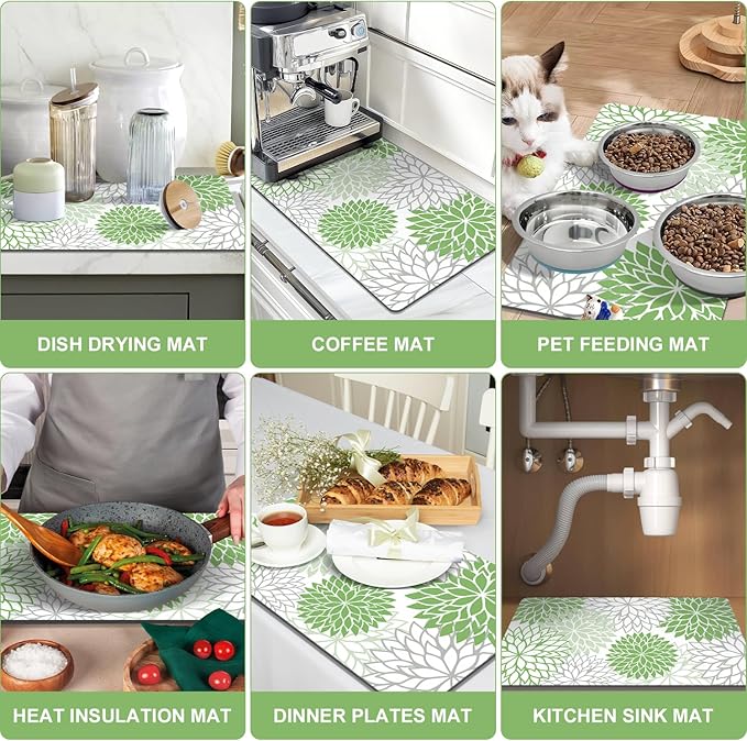 Findosom 2PCS 12" x 20" Dish Drying Mat & 24" x 5.5" Sink Splash Guard, Super Absorbent & Cuttable Dish Mat Drying Kitchen Mat with Green Floral, Hide Stain Drying Mat for Kitchen Counter - Image 7