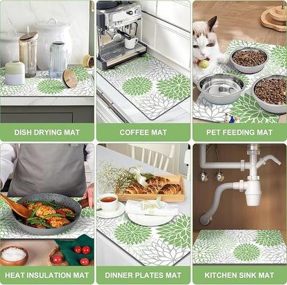Findosom 2PCS 12" x 20" Dish Drying Mat & 24" x 5.5" Sink Splash Guard, Super Absorbent & Cuttable Dish Mat Drying Kitchen Mat with Green Floral, Hide Stain Drying Mat for Kitchen Counter - Image 7