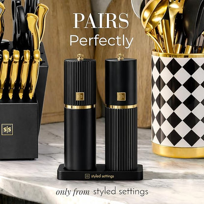 Wooden Salt and Pepper Grinder Set – Refillable Manual Salt and Pepper Mills with Adjustable Ceramic Burrs, Gold Detailing, and Wood Stand – Black - Image 9