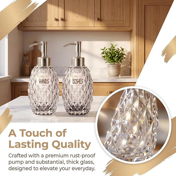 MALACHI Soap Dispenser Set, Crystal-Textured Diamond Glass with Rustproof Stainless Steel Pump, Dual-Labelled Hand & Dish Soap Dispenser for Kitchen & Bathroom