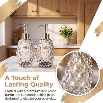 MALACHI Soap Dispenser Set, Crystal-Textured Diamond Glass with Rustproof Stainless Steel Pump, Dual-Labelled Hand & Dish Soap Dispenser for Kitchen & Bathroom
