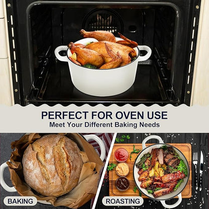 P&P CHEF 6QT Enameled Dutch Oven, Cast Iron Dutch Oven Pot with Lid for Bread Baking, Enameled Casserole Pot for Roasting Braising Stewing Frying Simmering, Various Stoves & Easy Clean, White