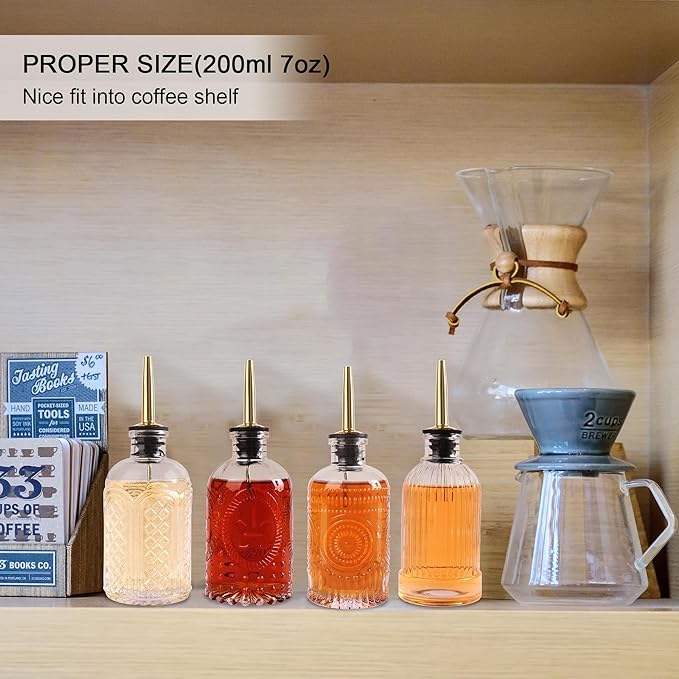 Glass Syrup Dispenser Set - 4 Pack 7oz Bottles with Metal Pour Spouts, Stoppers, Spoons for Coffee, Tea, Vanilla, Caramel, Honey - Image 8