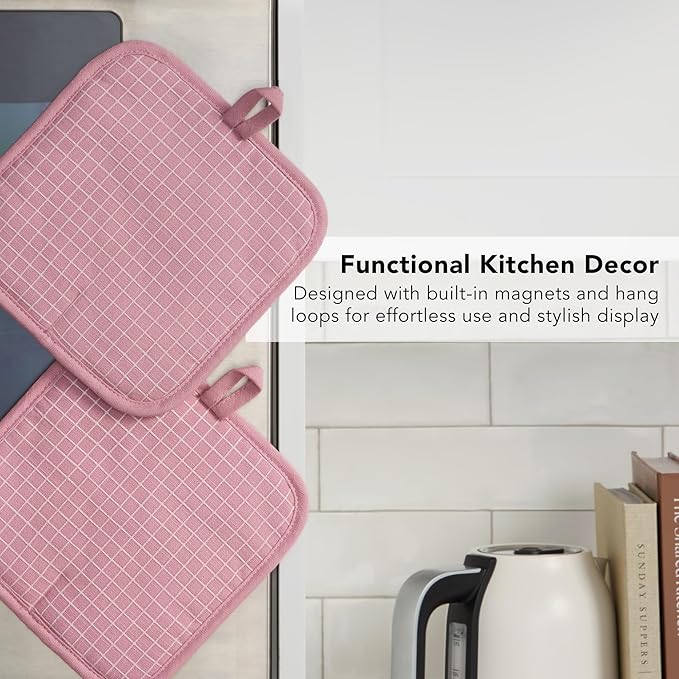KITCHENAID Gourmet Series Gridlines Pot Holders 2-Pack Set, Heat Resistant up to 600°F, Soft Silicone Grip, Magnetic Cuff, Dried Rose, 8"x8" - Image 6