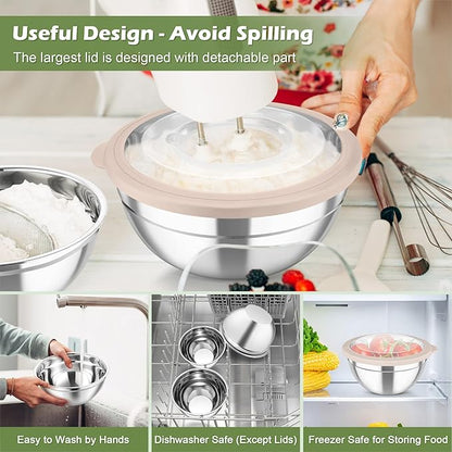 TeamFar Mixing Bowls, 3PCS Stainless Steel Serving Salad Bowls with Lids & 3 Graters, For Kitchen Mixing/Baking/Storing/Prepping, Visible & Airtight, Easy Clean - 4.5/3 / 1.5 QT, Khaki - Image 4