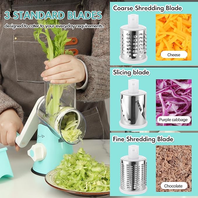 Ourokhome Rotary Cheese Grater Hand Crank, Kitchen Shredder Speed Mandolin Slicer Ice Shaver with Handle and Drum Blades for Cheese, Vegetable, Nuts, Chocolate, Potato, Carrot, 5 Blades, Blue - Image 4