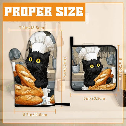 Cute Black Cat Oven Mitts and Pot Holders Set,Chef Kitchen Decor Heat Resistant Non Slip Hot Pads and Oven Mitt for Chef Cooking Baking BBQ Mom Girl Gifts(4 Piece Set)