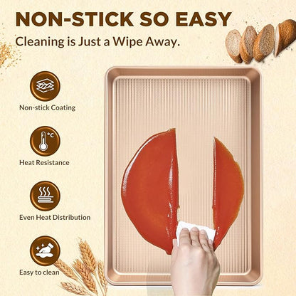 Professional Non-Stick Baking Sheets Set, 3-Piece Heavy Duty Carbon Steel Cookie Sheets with Oven Safe & Even Heating for Baking, Roasting, Cooking (Champagne Gold)