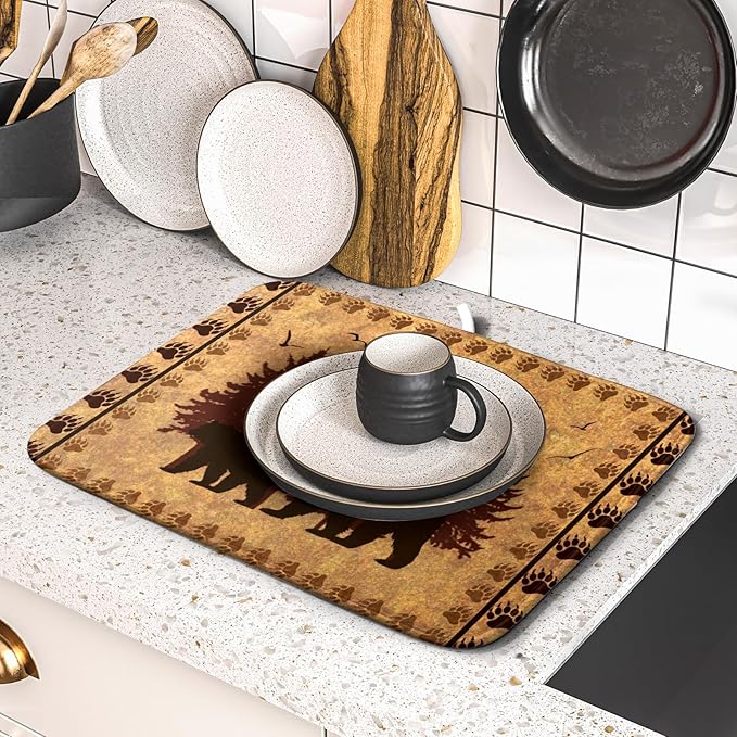 Giwawa 16"x18" Brown Bear Dish Drying Mat Rustic Forest Wildlife Woodland Dish Drainer Mats for Kitchen Countertop Farmhouse Animal Paw Print Fast Dry Microfiber Dish Drying Pad Decoration