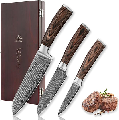 Wakoli EDIB 3-Piece Damascus Kitchen Knife Set in Wooden Gift Box, Razor Sharp Genuine Damascus Steel (VG10 Core), Includes Santoku, Small Santoku and Paring Knife, Ergonomic Pakkawood Handle