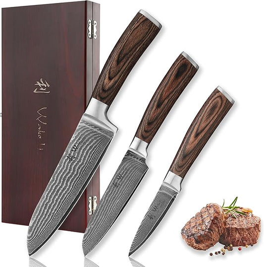 Wakoli EDIB 3-Piece Damascus Kitchen Knife Set in Wooden Gift Box, Razor Sharp Genuine Damascus Steel (VG10 Core), Includes Santoku, Small Santoku and Paring Knife, Ergonomic Pakkawood Handle