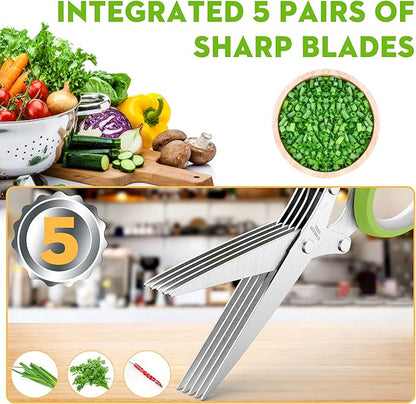 Herb Scissors with 5 Blades and Cover, Kitchen Herb Cutter with Cleaning Comb, Stainless Steel Multi Blade Herb Shears for Basil Parsley Cilantro, Easy Clean Cooking Tool, Unique Kitchen Gadgets Gift