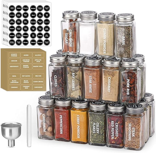 Antimbee 28 Pcs Clear Glass Spice Jars,3.5 oz Glass spice jar with 324 labels, Funnel,Chalk Pen,Shaker Lids and Airtight Metal Caps, Empty Square Spice Bottles for Spice Rack, Cabinet, Drawer by Antimbee
