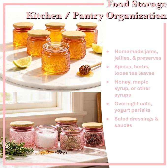 4 oz Pink Glass Jars with Airtight Bamboo Lids 6 pack, Decorative Small Food Storage Canister, Vintage Embossed Home Décor Candle Parties Wedding Baby Shower Favors Gift