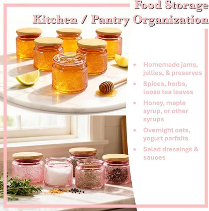 4 oz Pink Glass Jars with Airtight Bamboo Lids 6 pack, Decorative Small Food Storage Canister, Vintage Embossed Home Décor Candle Parties Wedding Baby Shower Favors Gift