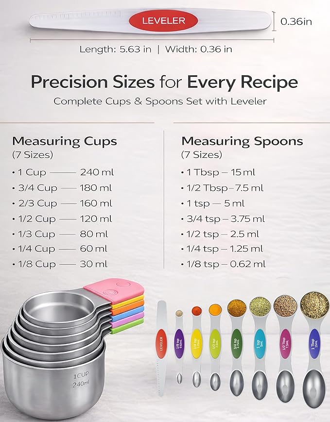 Magnetic Measuring Cups and Spoons Set304 Stainless Steel Dual Scale Set of 15, Strong N52 Magnetic Nesting Design with Leveler, for Dry&Liquid Ingredients, Dishwasher Safe(Colorful) - Image 4