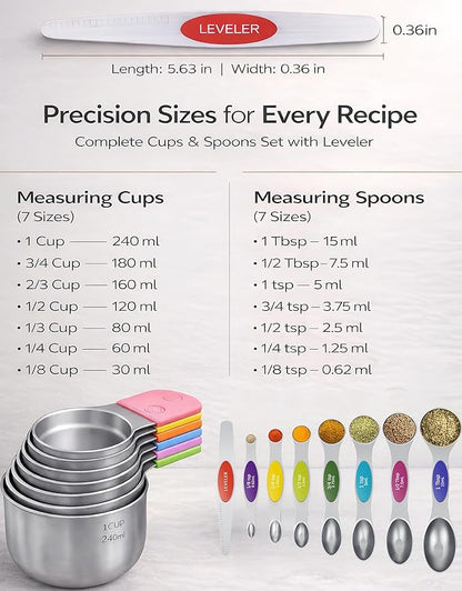 Magnetic Measuring Cups and Spoons Set304 Stainless Steel Dual Scale Set of 15, Strong N52 Magnetic Nesting Design with Leveler, for Dry&Liquid Ingredients, Dishwasher Safe(Colorful) - Image 4