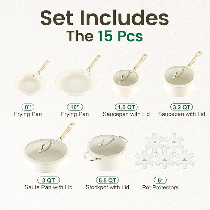 Chef Power Ceramic Cookware Sets, 15Pcs Pots and Pans Set Non Stick, Cookware Set with Stainless Steel Handle, Dishwasher & Oven Safe, Cream White and Light Gold Handle - Image 2