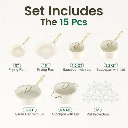 Chef Power Ceramic Cookware Sets, 15Pcs Pots and Pans Set Non Stick, Cookware Set with Stainless Steel Handle, Dishwasher & Oven Safe, Cream White and Light Gold Handle - Image 2