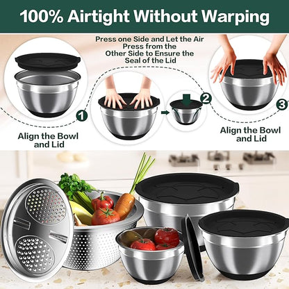 Nicdiet Mixing Bowls with Airtight Lids, Stainless Steel Mixing Bowl Set with 3 Metal Nesting Bowls, Colander & Grater, Non-Slip Bottoms, Size 1.5, 2.5, 5 QT, Great for Mixing & Serving, Black - Image 2