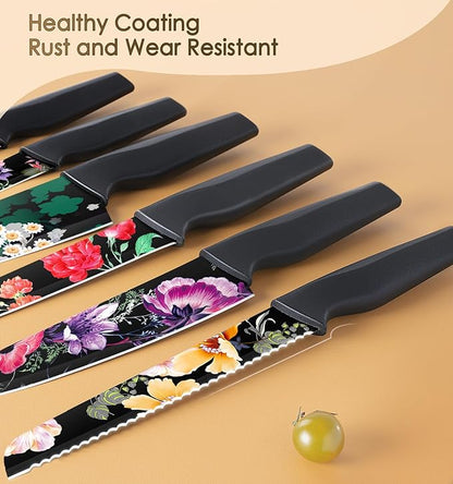 Astercook Knife Set, 12-Piece Flower Kitchen Knives Sets with Blade Guards, Dishwasher Safe, German High Carbon Stainless Steel, Perfect Gifts for Kitchen - Image 5