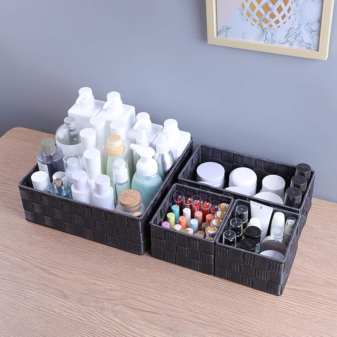 Posprica Woven Storage Baskets for Organizing, Small Baskets Cube Bin Container Tote Organizer Divider for Drawer, Closet, Shelf, Dresser, Set of 4(Dark Grey) - Image 5