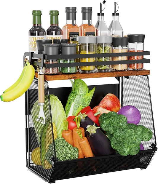 Magnetic Shelf for Fridge with Wood Lid - Magnetic Spice Rack for Refrigerator， Mesh Design Large Shelf Basket, Shelves for Kitchen Pantry Storage Organizer for Food Fruit Veg (1Pack)