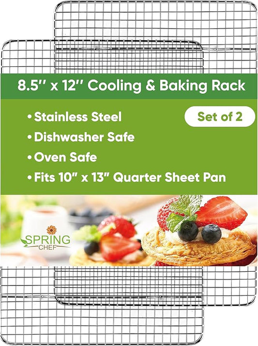 Spring Chef 8.5" x 12" Stainless Steel Cooling Racks, Wire Rack for Baking Sheet - Fits Small Quarter Sheet Pan - Perfect for Cooking, Baking, Grilling, Smoking - Dishwasher Safe - Set of 2 by SpringChef