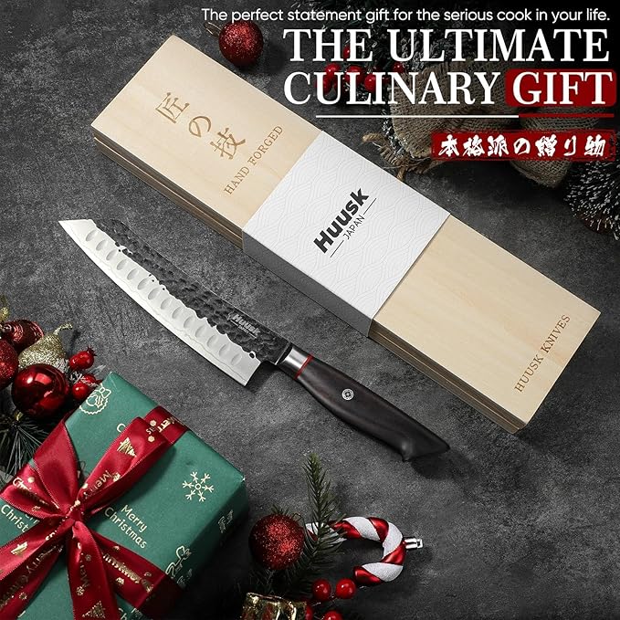 Huusk Santoku Japanese Chef Knife - Hand Forged Chef's Knives with VG10 Steel Core, Ultra Sharp 8 inch Kitchen Knife with Ergonomic Ebony Handle, Premium Wooden Gift Box for Men Women - Image 6