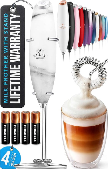 Zulay Kitchen Powerful Milk Frother Wand With 4 AA Duracell Batteries - Ultra Fast Handheld Drink Mixer - Electric Whisk Foam Maker for Coffee, Lattes, Cappuccino, Matcha & Creamer - Quartz by ZulayKitchen