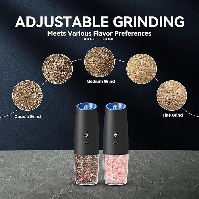UNNEES Rechargeable Electric Salt and Pepper Grinder set of 2, gravity electric salt and pepper grinder set, Adjustable Roughness, LED Light, 2 Pack, (Black) - Image 3