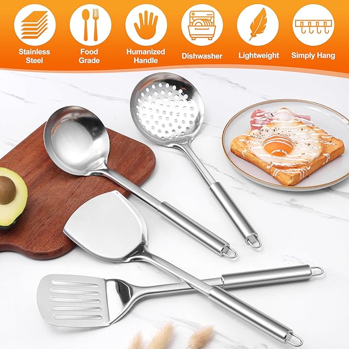 E-far Stainless Steel Cooking Utensils, 4-Piece Heat Resistant Kitchen Utensils Set, Non-toxic Metal Kitchen Tools Spatulas Set Including Soup Ladle, Slotted/Solid Turner, Skimmer, Dishwasher Safe - Image 4