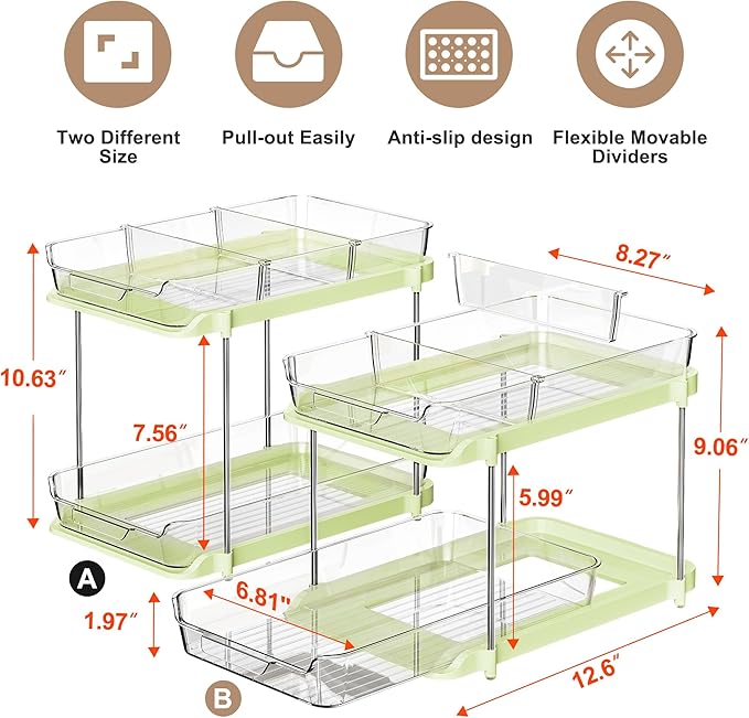 Delamu 2-Tier Multi-Purpose Bathroom Under Sink Organizers and Storage, Stackable Kitchen Pantry Organization, Pull Out Medicine Cabinet Organizer with Movable Dividers, Green, 2 Pack - Image 2