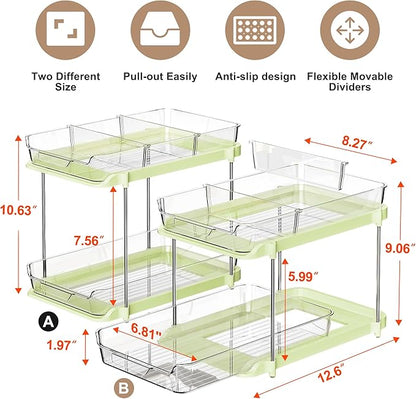 Delamu 2-Tier Multi-Purpose Bathroom Under Sink Organizers and Storage, Stackable Kitchen Pantry Organization, Pull Out Medicine Cabinet Organizer with Movable Dividers, Green, 2 Pack - Image 2