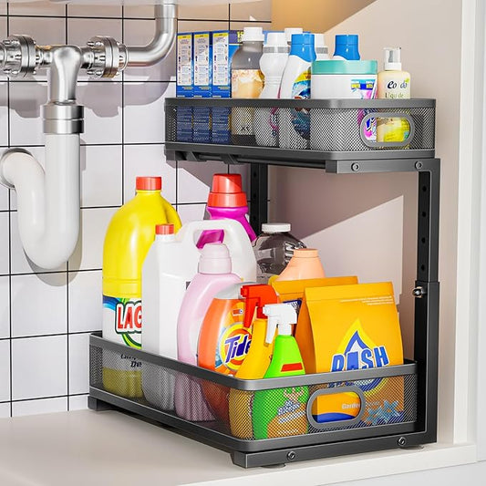 Under Sink Organizer, High Adjustable 2 Tier Under Sink Organizers and Storage, Slide out Metal Cabinet Organizers, Pull out Storage Drawer Shelf for Kitchen Bathroom Cabinet (1, Black)