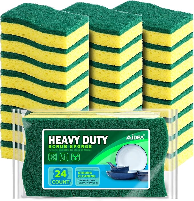 AIDEA Sponges Kitchen, Heavy Duty Scrub Sponge-24Count, Sponges for Dishes, Cellulose Dish Sponge, Scrubbing Power for Tough Messes, Cleaning Power for Non-Coated Cookware, Dishes, Pots, Pans by AIDEAHOME