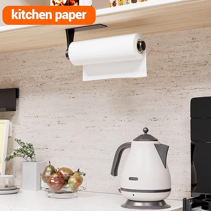 Paper Towel Holder Under Cabinet, Single Hand Operable Wall Mount with Damping Effect, Self-Adhesive or Drilled for Kitchen Bathroom, Black - Image 2