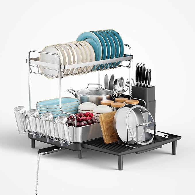 SUNLY 2 Tier Dish Drying Rack, Extra Large Dish Rack, Expandable Dish Racks for Kitchen Counter, Multifunctional Large Dish Drainers for Kitchen Counter, Black by SUNLYHOME