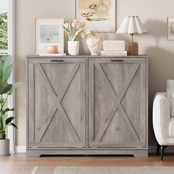 Double Tilt Out Trash Can Cabinet, Wooden Farmhouse Kitchen Garbage Bin Enclosure with Negative Ion Odor Control, Hidden Dog Proof Trash or Laundry Basket Storage for Laundry Room, Grey