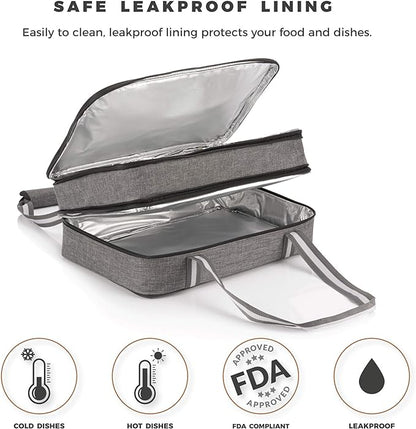 Stack Store Plus More Insulated Casserole Carrier for Hot or Cold Food, Lasagna Holder for Picnic, Potluck, Cookout - Fits 9” x 13” and 11” x 15” Baking Dish – Expandable Double Thermal Bag in Gray