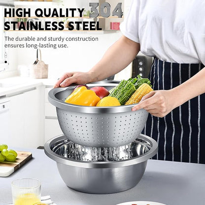 Colander 304 Stainless Steel 5-quart with Mixing Bowls, Strainer for Kitchen Food For washing vegetables, fruit, rice, Dishwasher Safe. (2PC) - Image 4